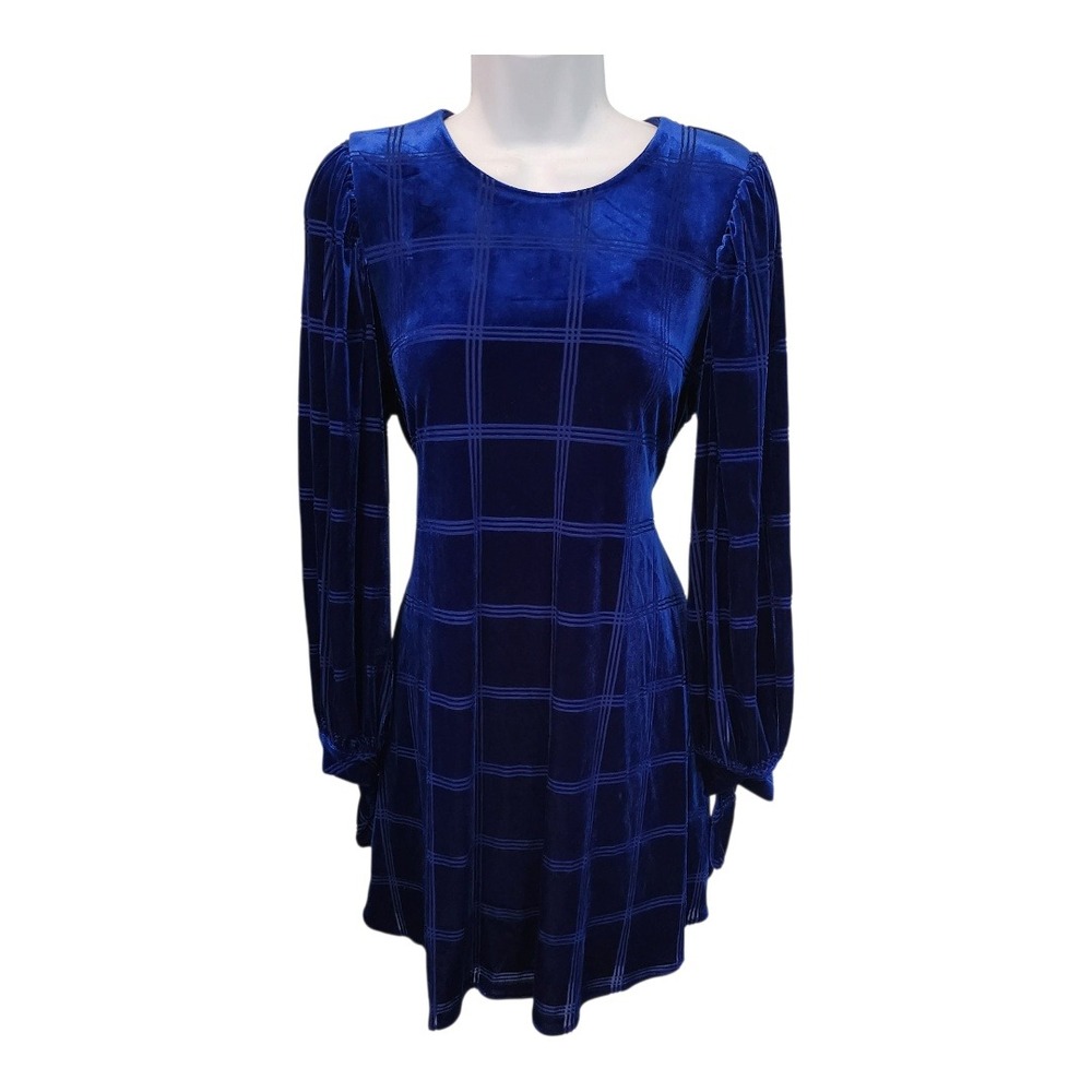 Calvin‎ Klein Women's Blue Velvet Plaid Long Sleeve Mini Dress Size 10
